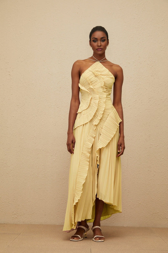 Fiorenza Yellow Halterneck Midi Dress with Ruffled Trim and Front Slit