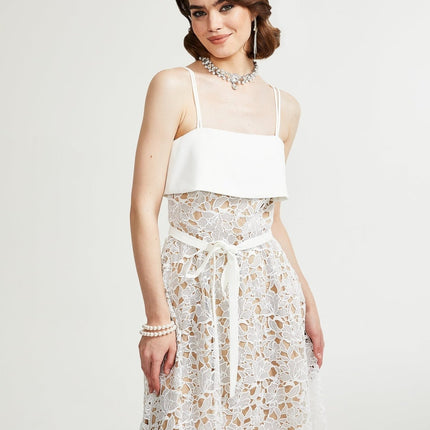 Fiorina White Polyester Sleeveless Midi Dress with Pierced Spaghetti Straps and Tie Fastening