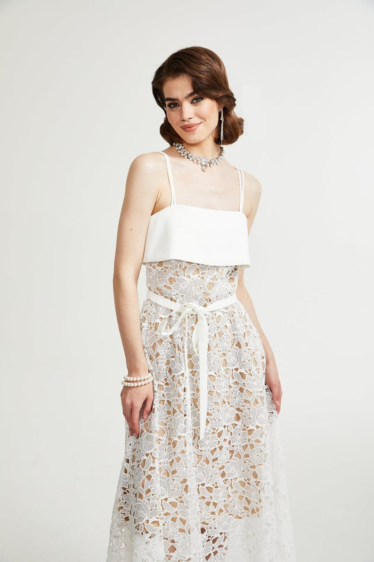 Fiorina White Polyester Sleeveless Midi Dress with Pierced Spaghetti Straps and Tie Fastening