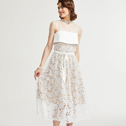Fiorina White Polyester Midi Dress with Pierced Spaghetti Straps and Tie Fastening