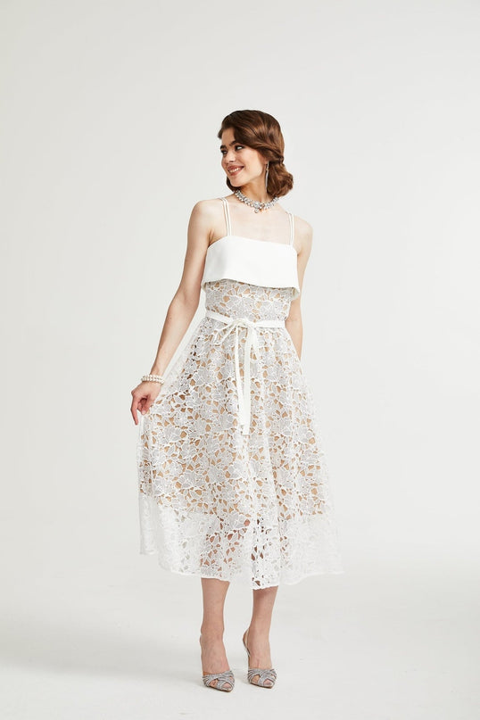 Fiorina White Polyester Midi Dress with Pierced Spaghetti Straps and Tie Fastening