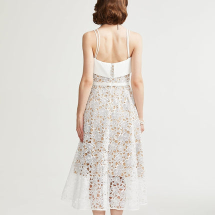 Fiorina White Polyester Midi Dress with Pierced Spaghetti Straps and Tie Fastening