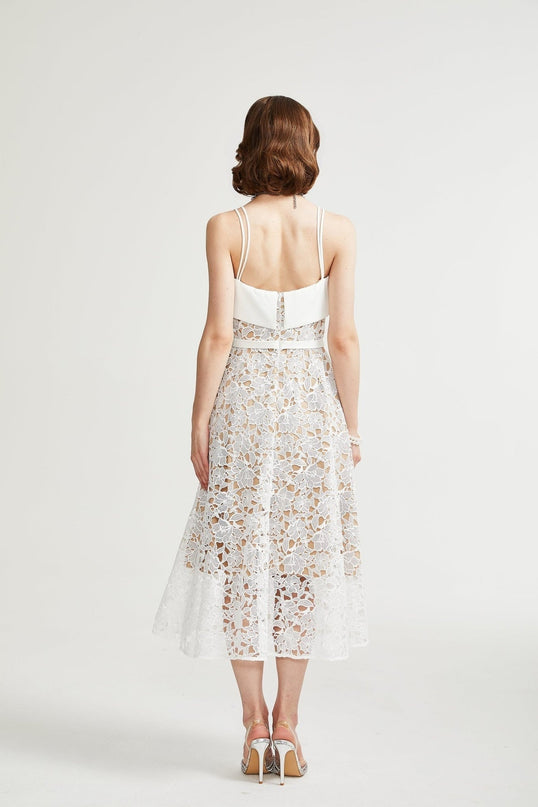 Fiorina White Polyester Midi Dress with Pierced Spaghetti Straps and Tie Fastening