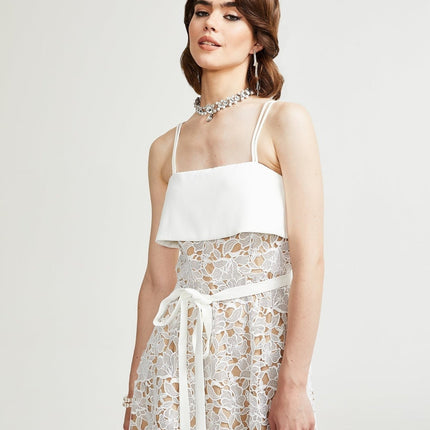 Fiorina White Polyester Midi Dress with Spaghetti Straps and Tie Fastening