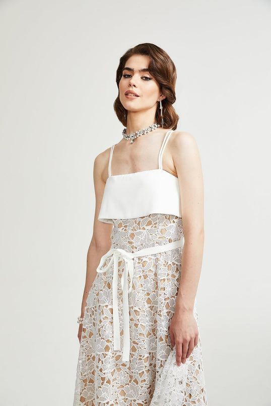 Fiorina White Polyester Midi Dress with Spaghetti Straps and Tie Fastening