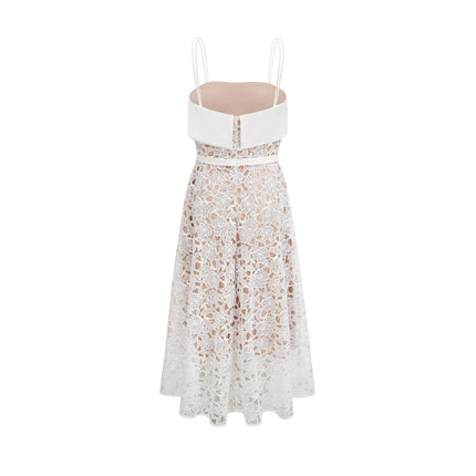 Fiorina White Polyester Midi Dress with Pierced Spaghetti Straps and Tie Fastening