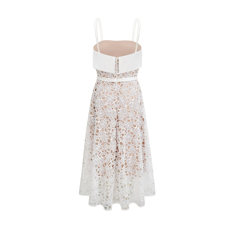 Fiorina White Polyester Midi Dress with Pierced Spaghetti Straps and Tie Fastening
