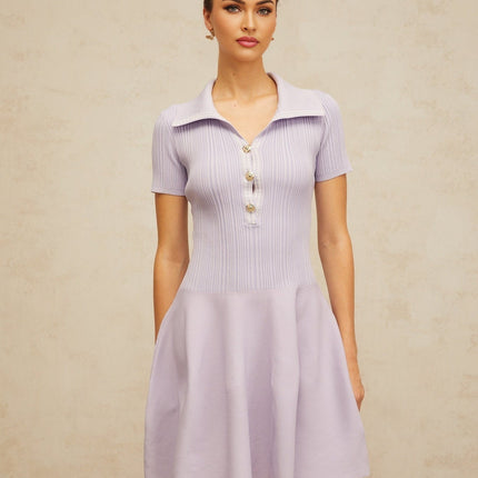 Fiorina Mini Dress Flared Knit in Purple Lilac with Gold Buttons and Cinched Waist