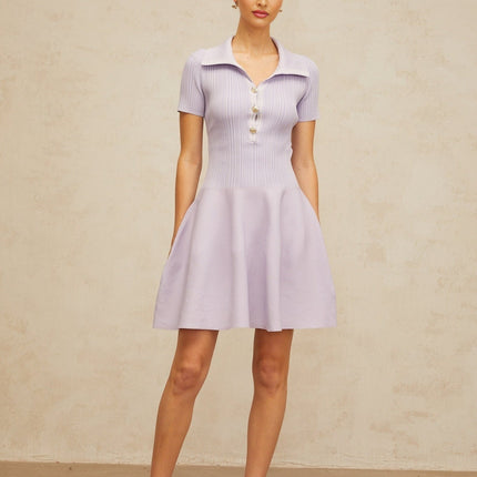 Fiorina Purple Flared Knit Mini Dress with Embossed Gold-Tone Buttons and Spread Collar