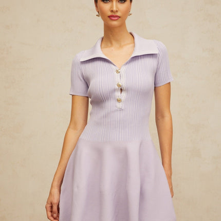 Fiorina Purple Flared Knit Mini Dress with Gold-tone Buttons