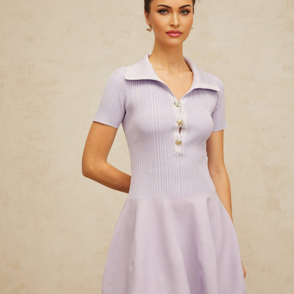 Fiorina Purple Flared Knit Mini Dress with Embossed Gold-Tone Buttons and Spread Collar