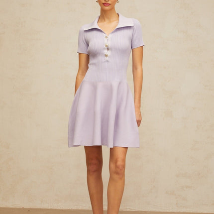 Fiorina Purple Flared Knit Mini Dress with Gold Buttons and Spread Collar
