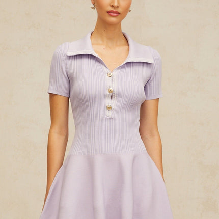 Fiorina Purple Knit Flared Mini Dress with Gold Buttons