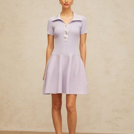 Fiorina Purple Mini Dress Flared Knit with Embossed Gold Buttons and Spread Collar