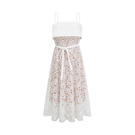 Fiorina White Polyester Midi Dress with Pierced Spaghetti Straps and Tie Fastening