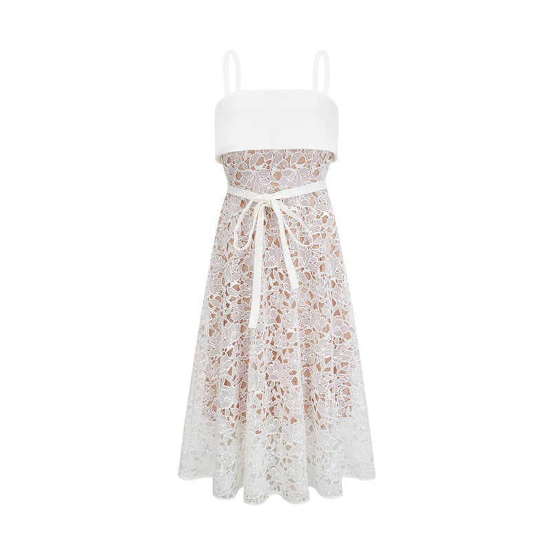 Fiorina White Polyester Midi Dress with Pierced Spaghetti Straps and Tie Fastening