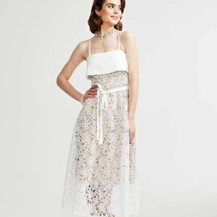 Fiorina White Polyester Midi Dress with Spaghetti Straps and Tie Fastening