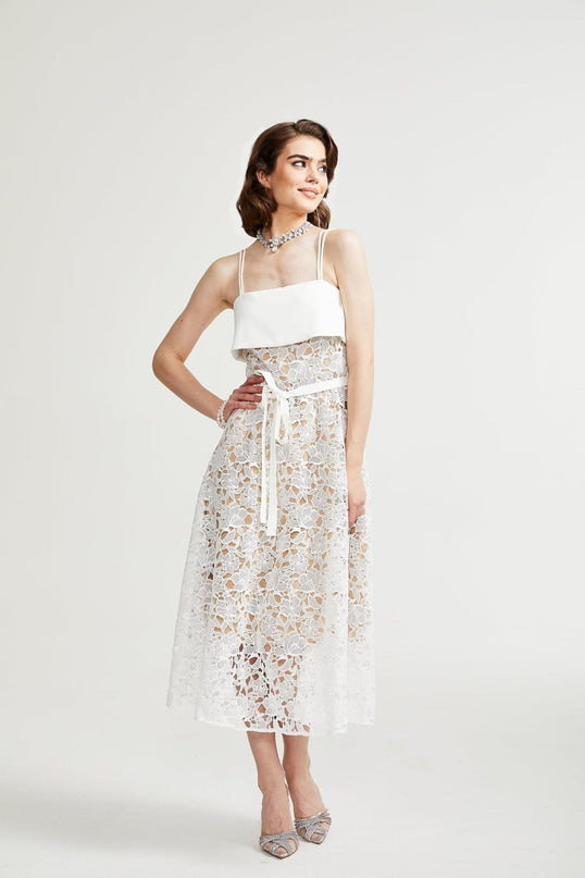 Fiorina White Polyester Midi Dress with Spaghetti Straps and Tie Fastening