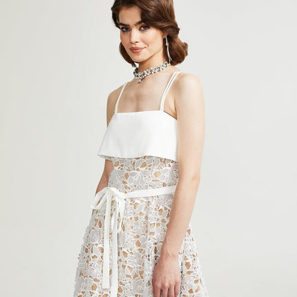 Fiorina White Polyester Midi Dress with Pierced Spaghetti Straps and Tie Fastening