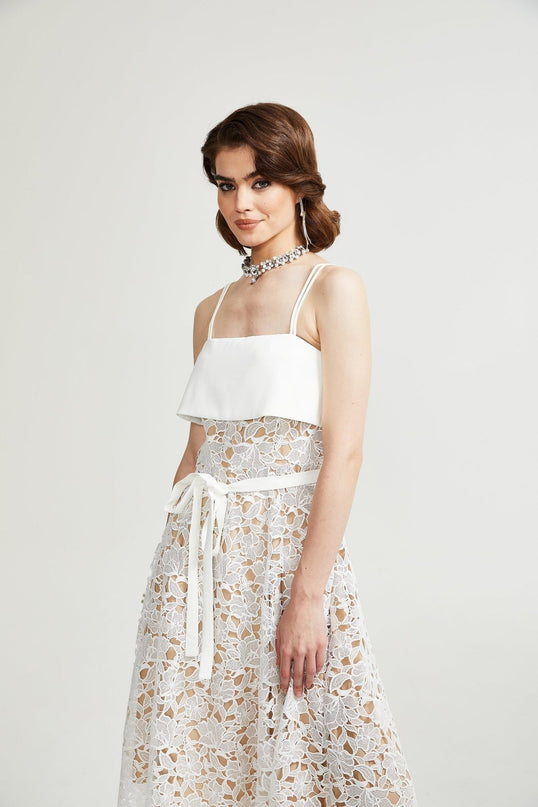 Fiorina White Polyester Midi Dress with Pierced Spaghetti Straps and Tie Fastening