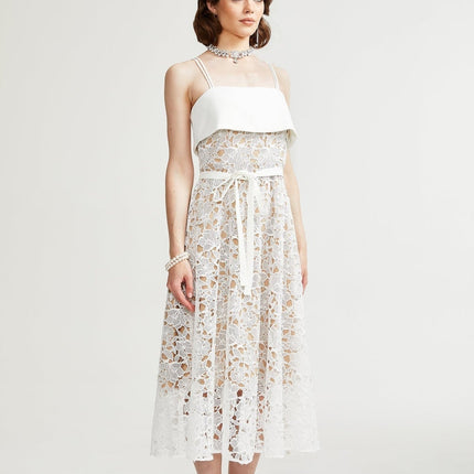 Fiorina White Polyester Midi Dress with Pierced Spaghetti Straps and Tie Fastening
