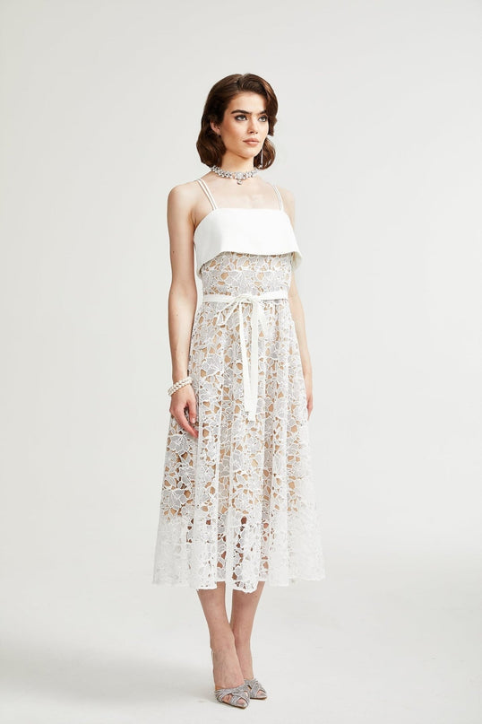 Fiorina White Polyester Midi Dress with Pierced Spaghetti Straps and Tie Fastening