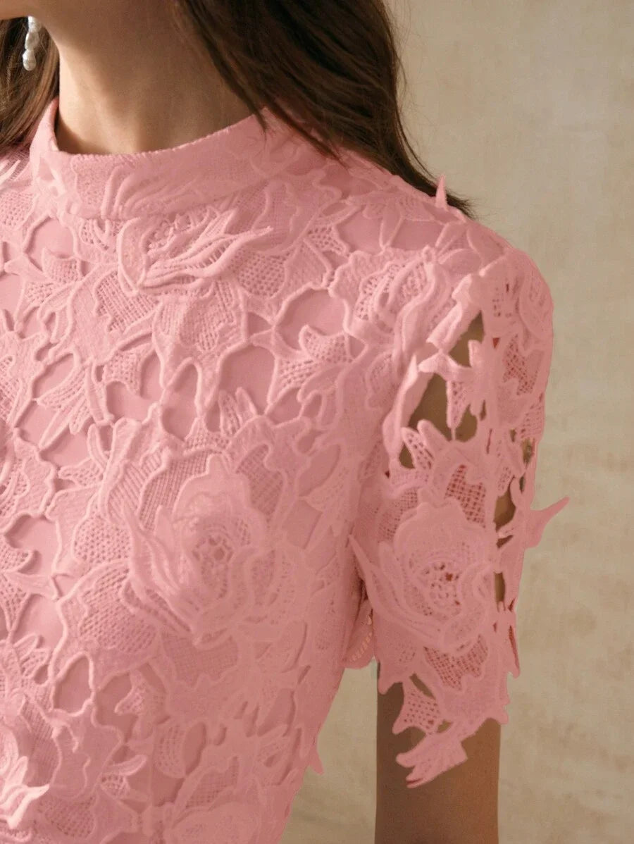 Fitted Lace Trim Short Sleeve Dress For Women Maxi Women Outfit