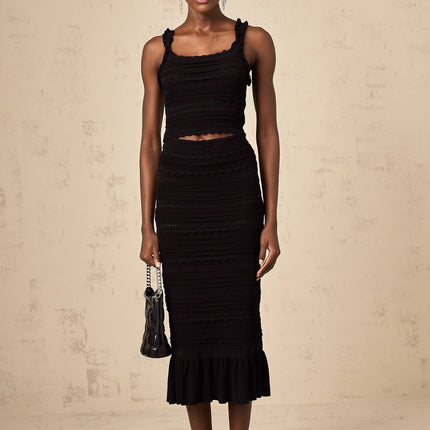 Flaminia Black Crochet Knit Ruffled Top and Skirt Set