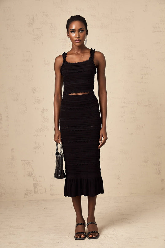 Flaminia Black Crochet Knit Ruffled Top and Skirt Set