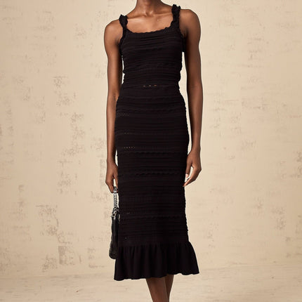 Flaminia Black Crochet Knit Sleeveless Top and Midi Skirt Set