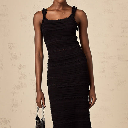 Flaminia Black Crochet Knit Sleeveless Square Neck Top and Midi Skirt Set