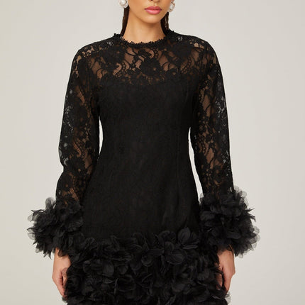 Flaminia Black Lace Feather Trim Mini Dress with Round Neck and Long Sleeves