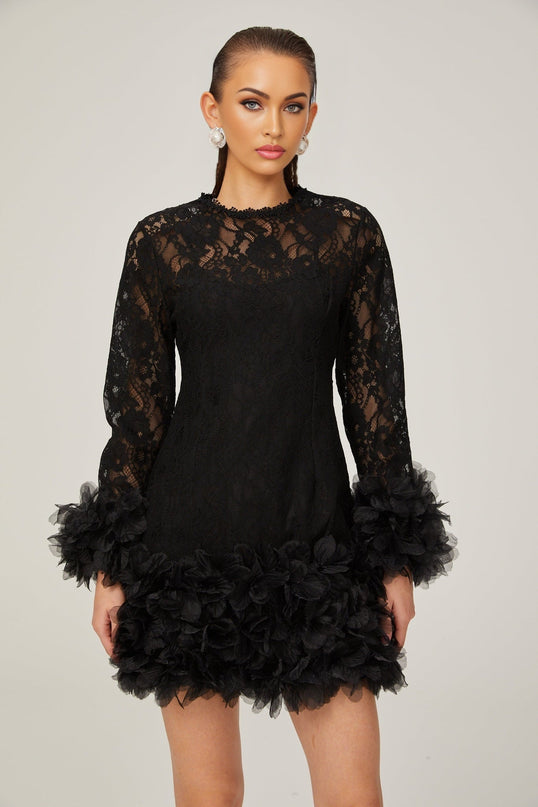Flaminia Black Lace Feather Trim Mini Dress with Round Neck and Long Sleeves