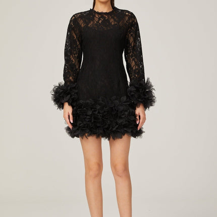 Flaminia Black Lace Feather Trim Mini Dress