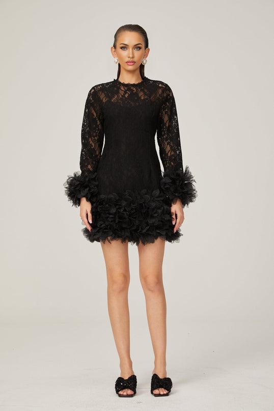 Flaminia Black Lace Feather Trim Mini Dress