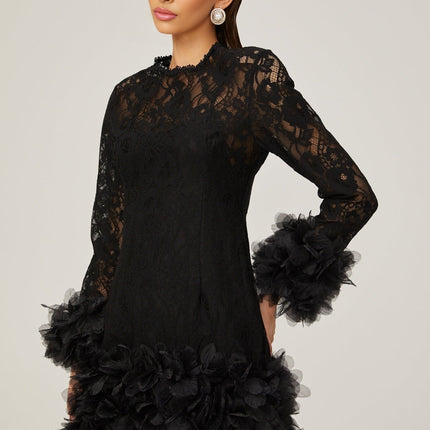 Flaminia Black Lace Feather Trim Mini Dress with Round Neck and Long Sleeves