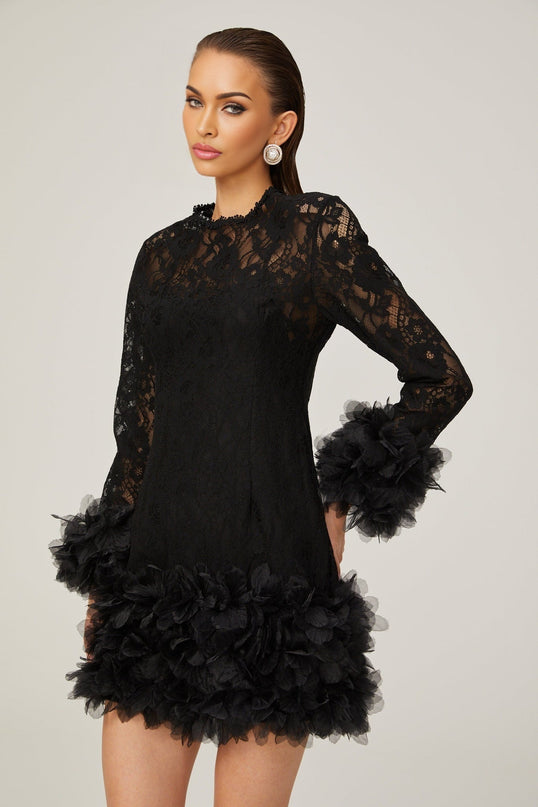 Flaminia Black Lace Feather Trim Mini Dress with Round Neck and Long Sleeves