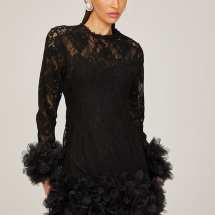 Flaminia Black Lace Feather Trim Mini Dress with Round Neck and Long Sleeves
