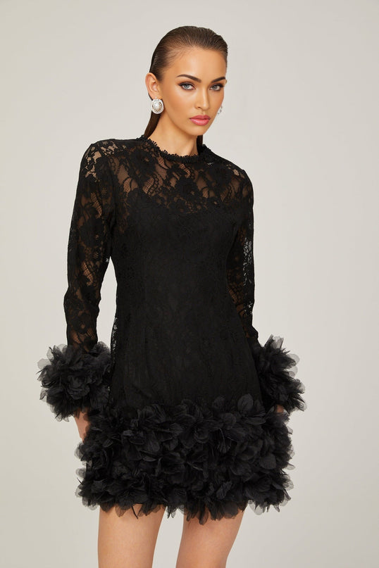 Flaminia Black Lace Feather Trim Mini Dress with Round Neck and Long Sleeves