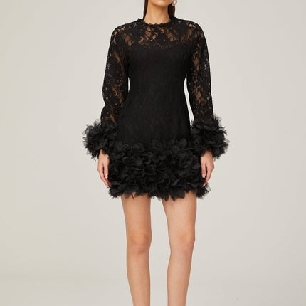 Flaminia Black Lace Feather Trim Mini Dress