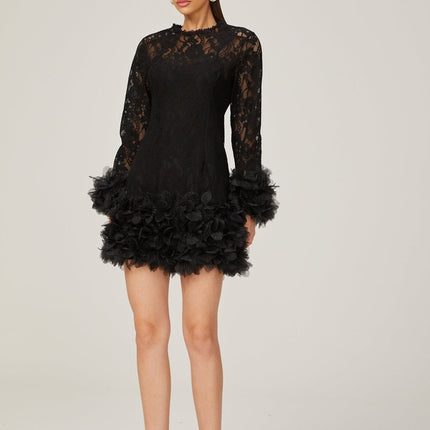 Flaminia Black Lace Feather Trim Mini Dress with Round Neck and Long Sleeves