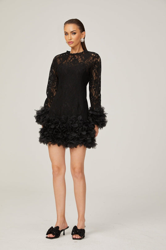 Flaminia Black Lace Feather Trim Mini Dress with Round Neck and Long Sleeves