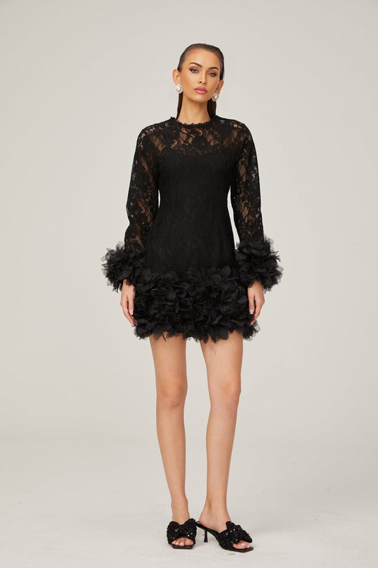 Flaminia Black Lace Feather Trim Mini Dress with Round Neck and Long Sleeves
