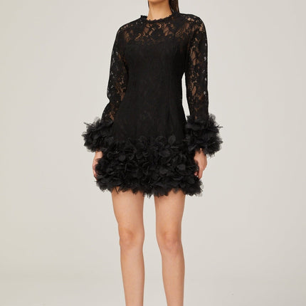 Flaminia Black Lace Feather Trim Mini Dress
