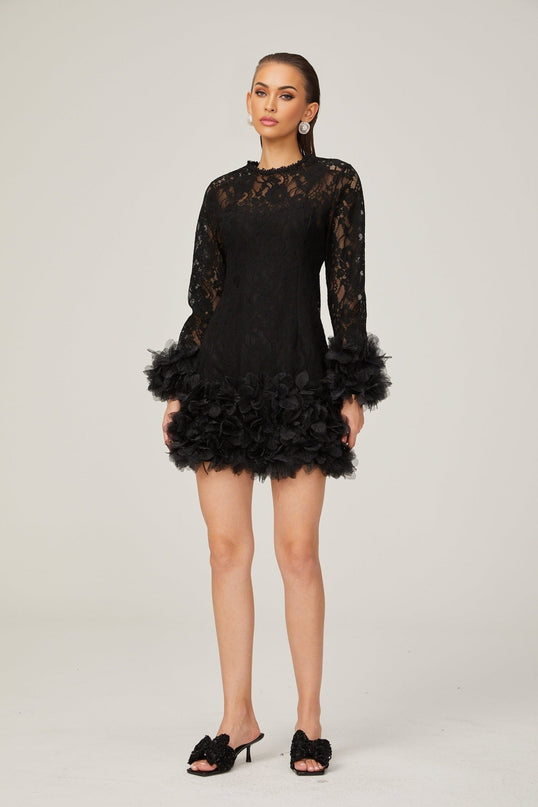 Flaminia Black Lace Feather Trim Mini Dress
