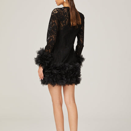 Flaminia Black Lace Mini Dress with Feather Trim and Layered Design