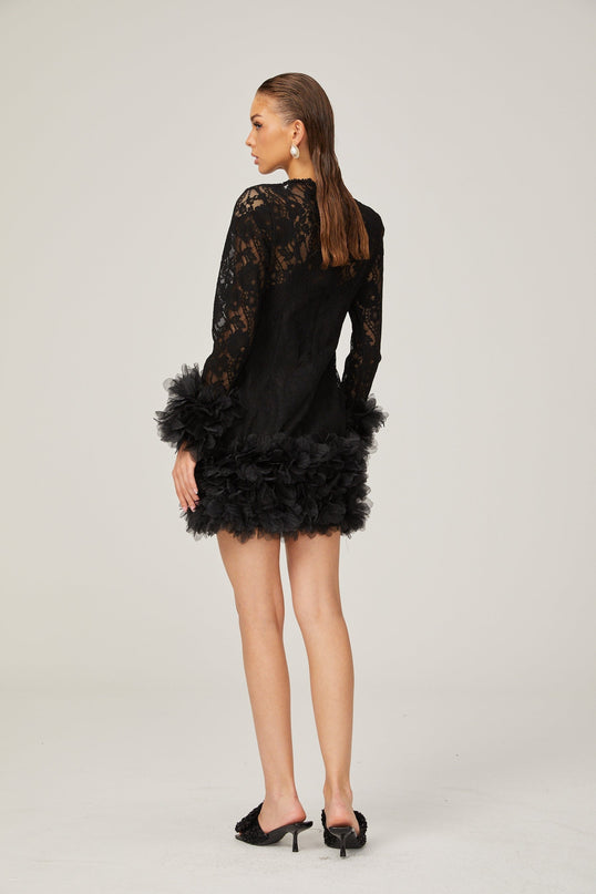 Flaminia Black Lace Mini Dress with Feather Trim and Layered Design