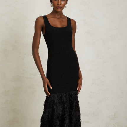 Flaminia Black Maxi Dress with 3D-petal detailing and Tulle panelling