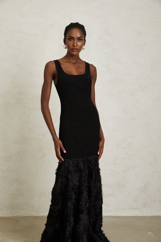 Flaminia Black Maxi Dress with 3D-petal detailing and Tulle panelling