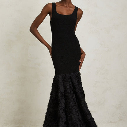 Flaminia Black Maxi Dress 3D Petal Detailing Tulle Paneling Nylon Lurex Spandex Scoop Neck Mermaid Hem Metallic Threading